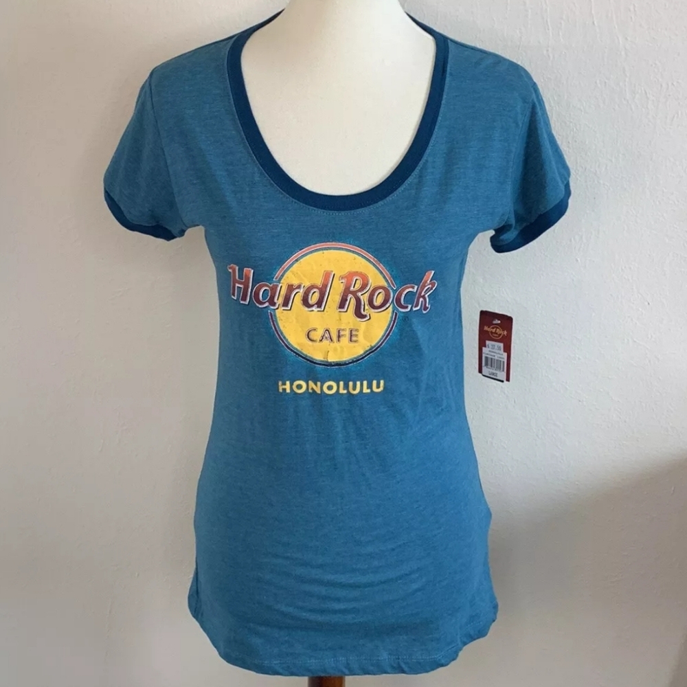 Hard Rock Cafe Women's Size L Honolulu Vintage Style Logo Short Sleeve Blue